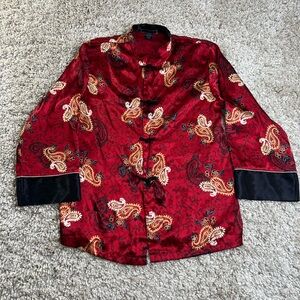 Halston Heritage Red Paisley Satin Mandarin Jacket with Black Trim